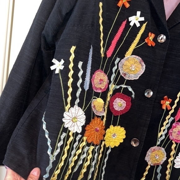 Vintage black floral wearable art blazer jacket sz XL boho hippie mixed media - Picture 5 of 9